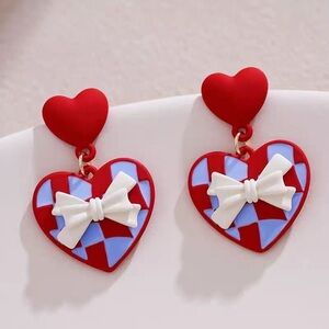 Red Heart Earrings with White Bow